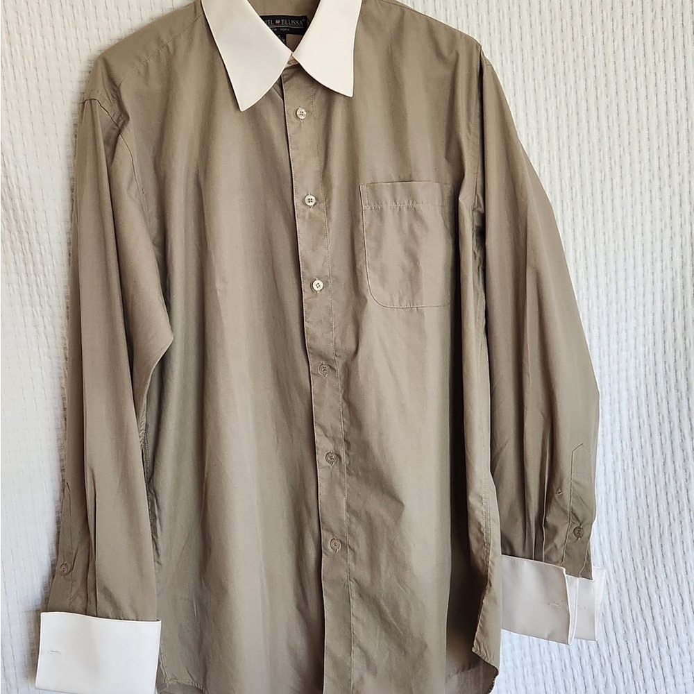 Men's Beige Dress Shirt with White Collar